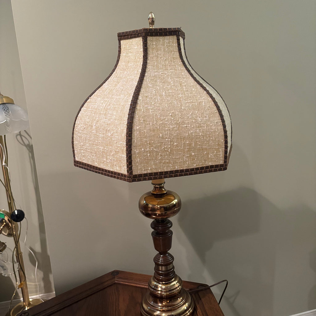 E850 33” tall vintage lamp with wood and brass base