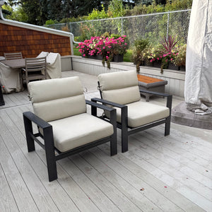 Set of 2 Brown Jordan Parkway Cushion Lounge Chairs with Covers (some dents on frames) - M308
