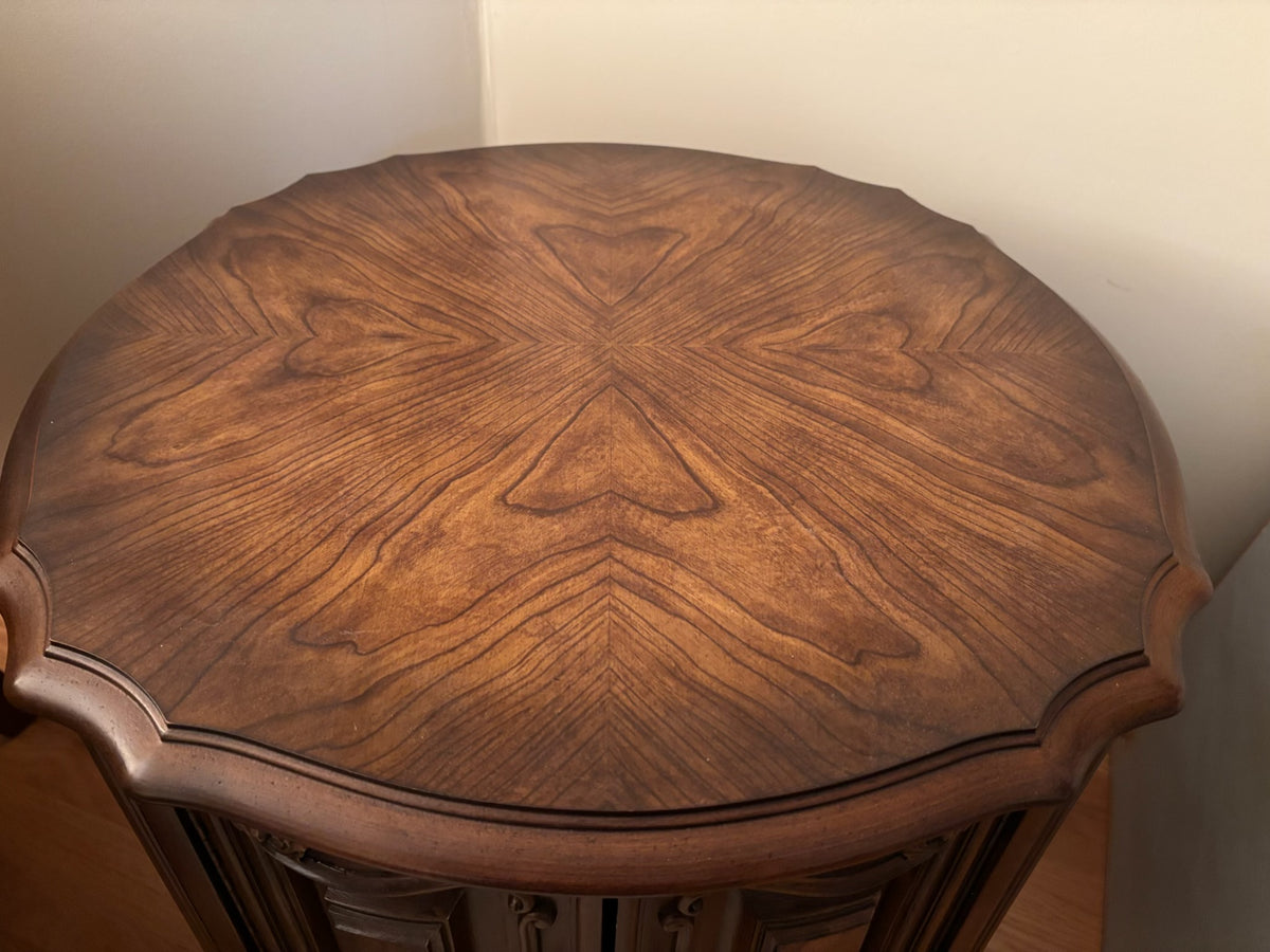 F207C Vintage solid wood round cabinet style side with Burled wood design on top