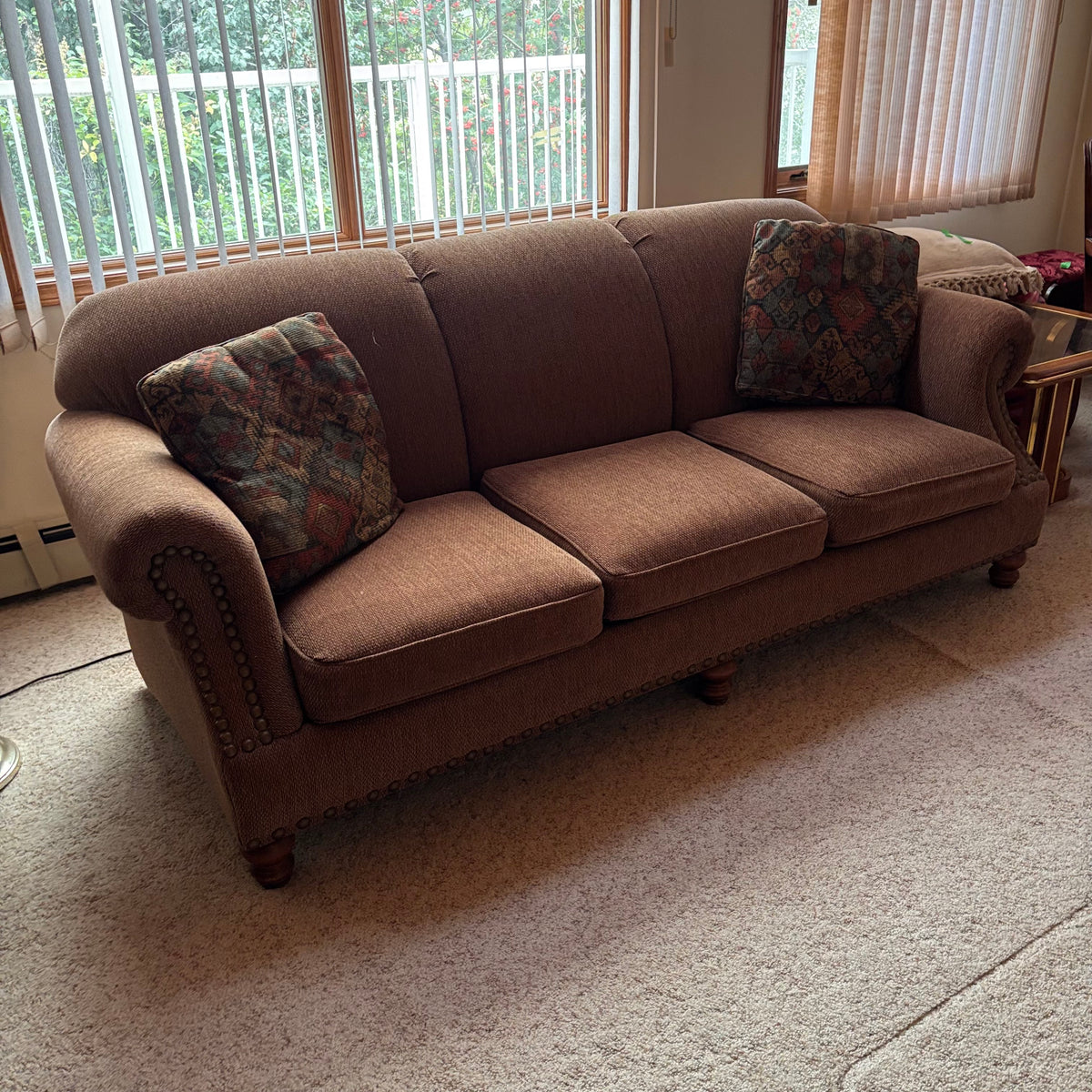 F414 Vintage Sears brown fabric sofa (87" x 38" x 36")
