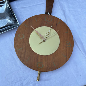 26” Long MCM Wood Framed Wall Clock and Trays Grouping - R398