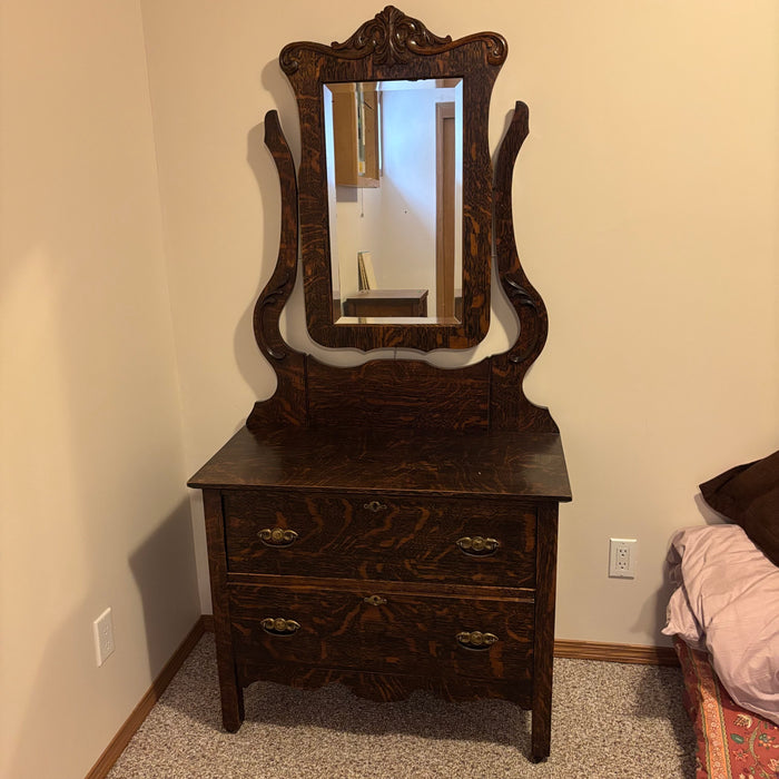 Solid Wood Antique 2 Drawer Dresser with Mirror - C462