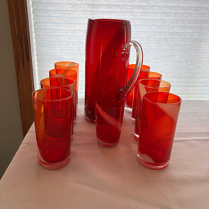 Red Glass Pitcher and Red and White Glasses - C401