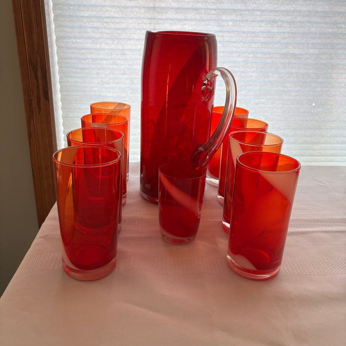 Red Glass Pitcher and Red and White Glasses - C401