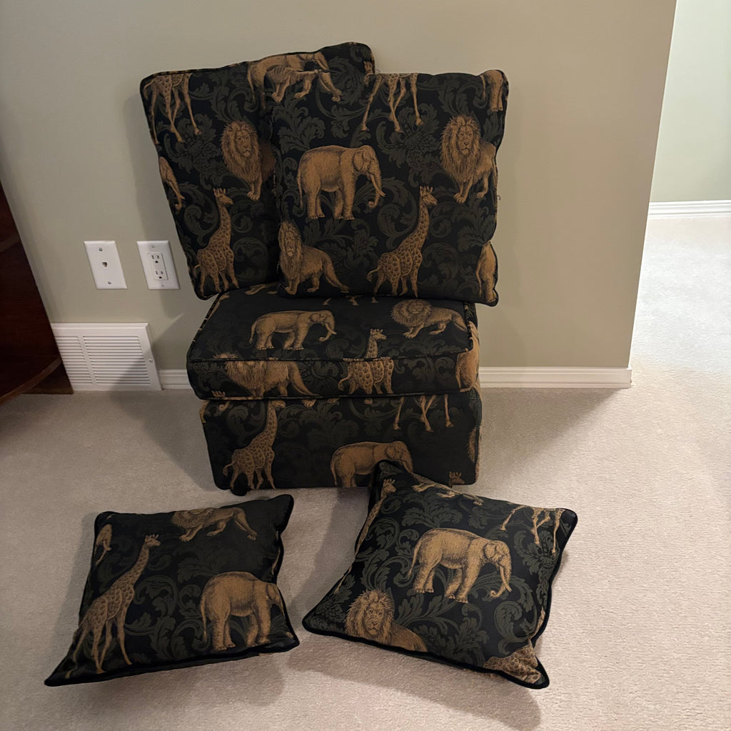 E856 Safari themed footstool and throw cushions