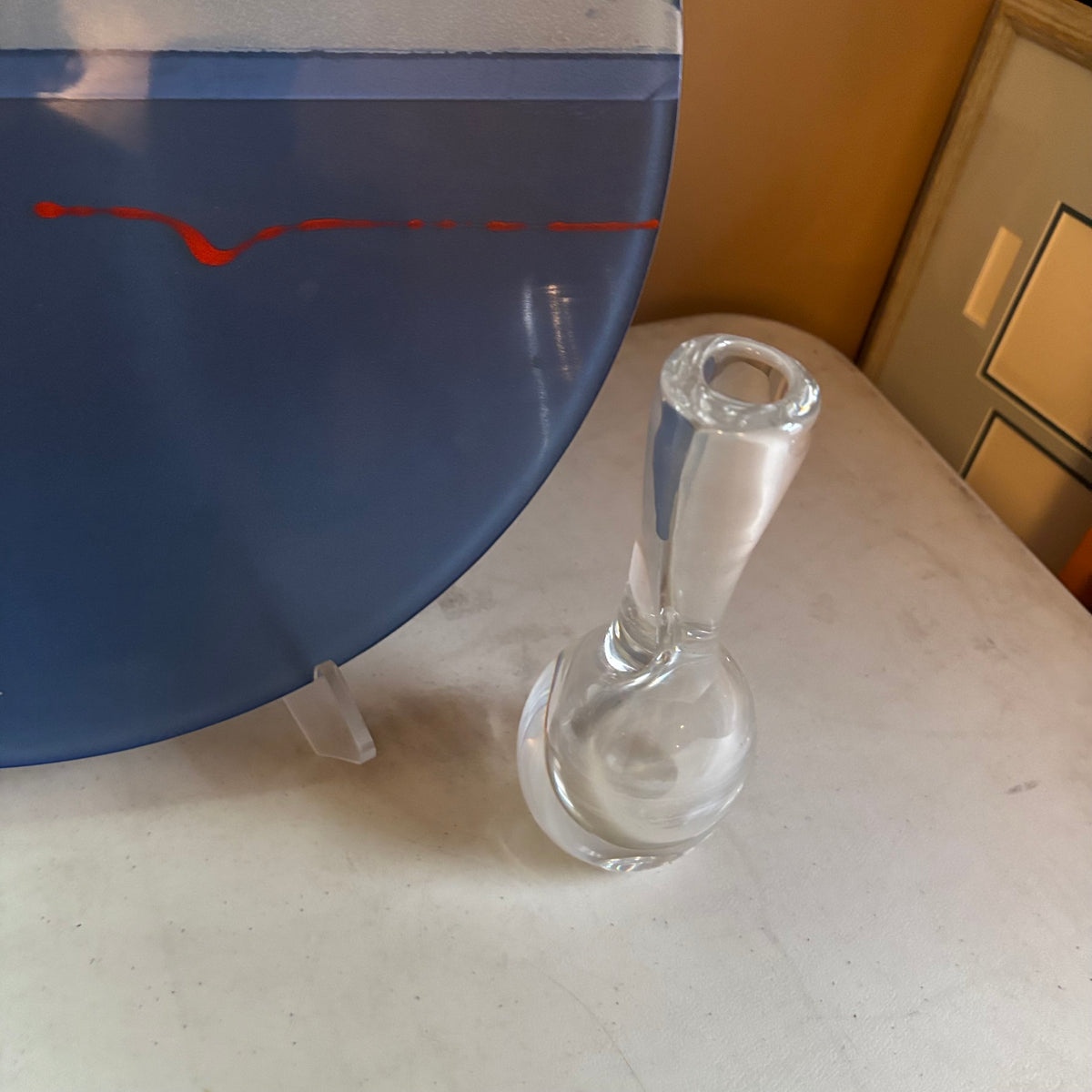 E109 Vintage Kosta Boda "Raindrop" or "Teardrop" clear crystal art glass vase and 18” Art glass plate