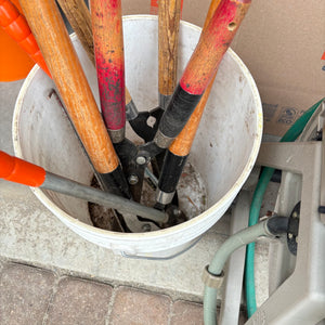 Hose Reel with Hose and White Bucket of Garden Tools - O115