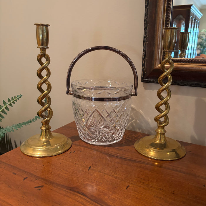 12” Tall Brass Candle Holders and Heavy Glass Bucket with Silver Plated Handle - M303