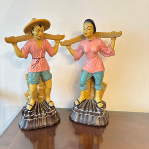 SET OF 2 12" TALL VINTAGE ASIAN CHALKWARE FIGURINES - P139