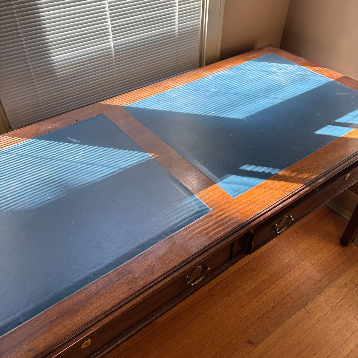 E160 Antique solid wood barrister desk with inlayed blue leather and 2 drawers (31” x 71” x 20”)