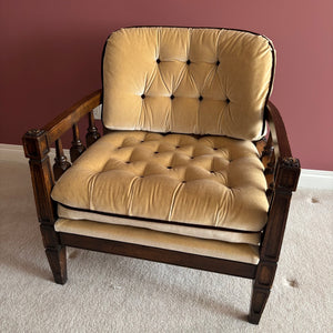 E749 Vintage MCM wooden armchair with deep button tufted gold velvet upholestry