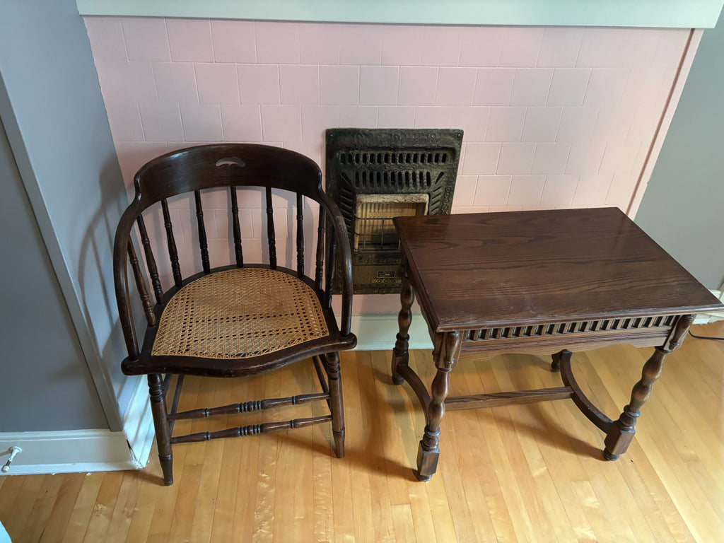 E122 & 331 2 Vintage accent chairs and solid wood accent table