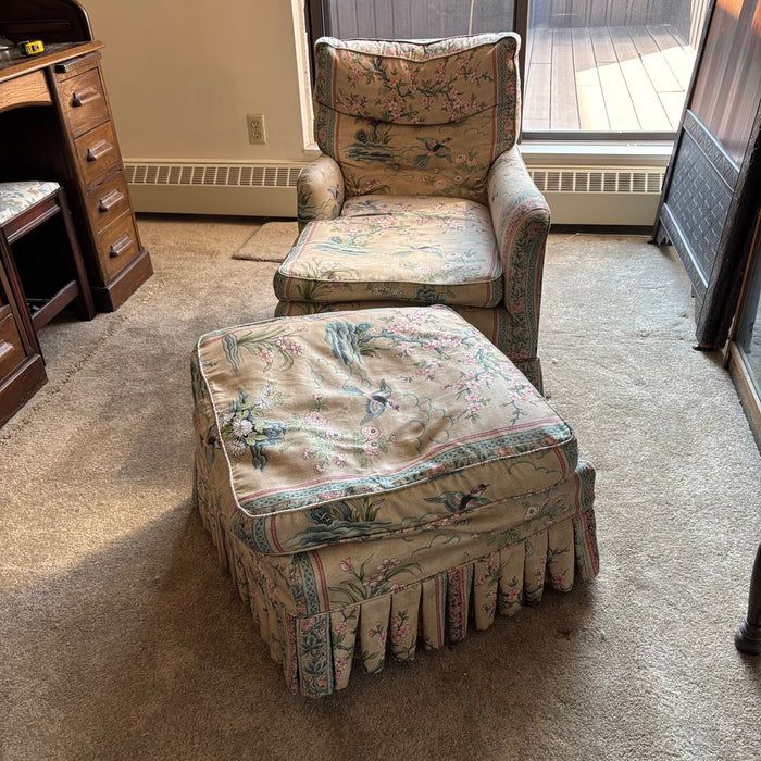 VINTAGE PARLOR CHAIR AND OTTOMAN WITH DOWN FILLED CUSHIONS - P235