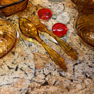 Mid Century Amber Glass Salad Set with Glass Fork&Spoon and More - M338