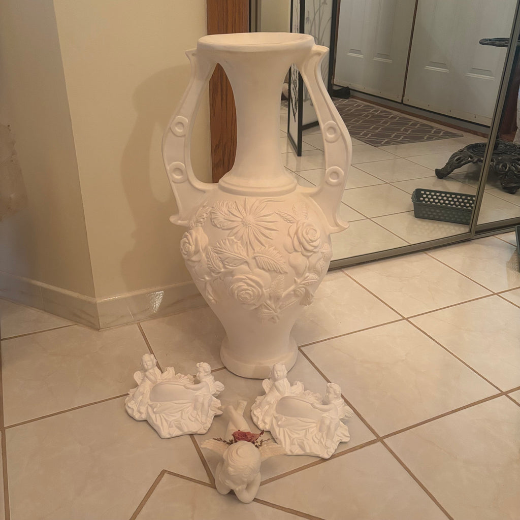 F196A 26” tall Vintage Chalkware urn style vase grouping