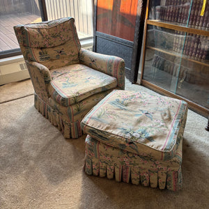 VINTAGE PARLOR CHAIR AND OTTOMAN WITH DOWN FILLED CUSHIONS - P235