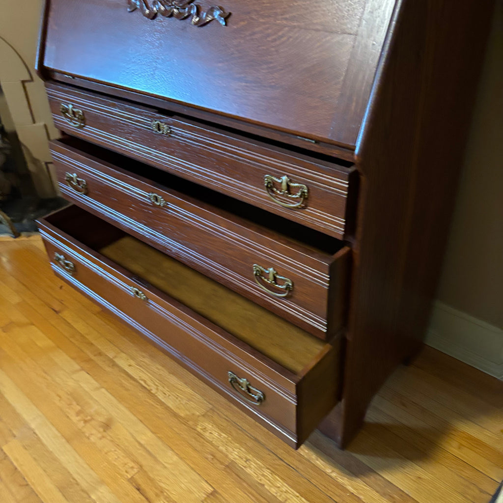 E124 Vintage solid wood secretary desk with upper cabinet (89" x 38" x 17.5")