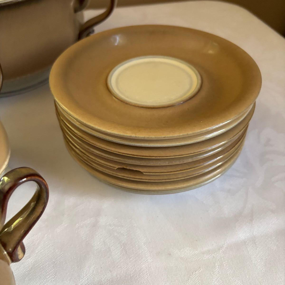 E147 Vintage Denby stoneware dishes grouping (1 saucer is chipped)