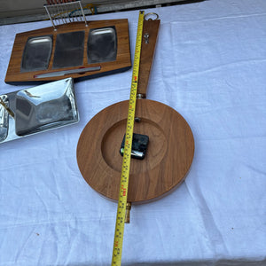 26” Long MCM Wood Framed Wall Clock and Trays Grouping - R398