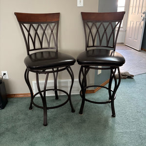 Set of 2 Swivel Bar Stools with Steele Frames and Faux Leather Seats - C454