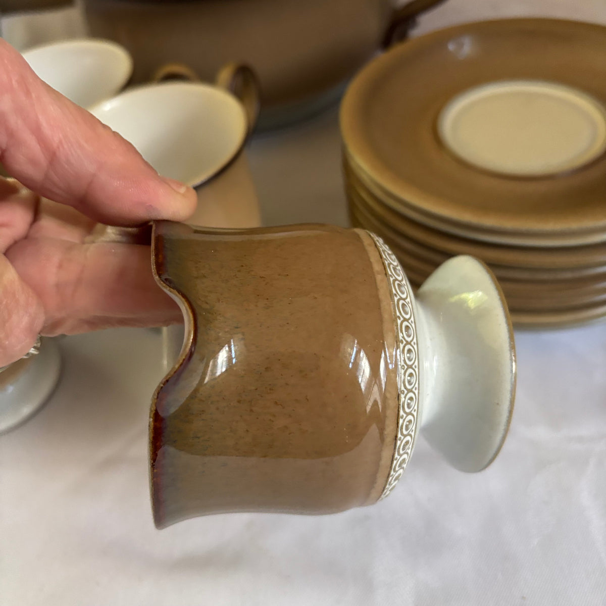 E147 Vintage Denby stoneware dishes grouping (1 saucer is chipped)