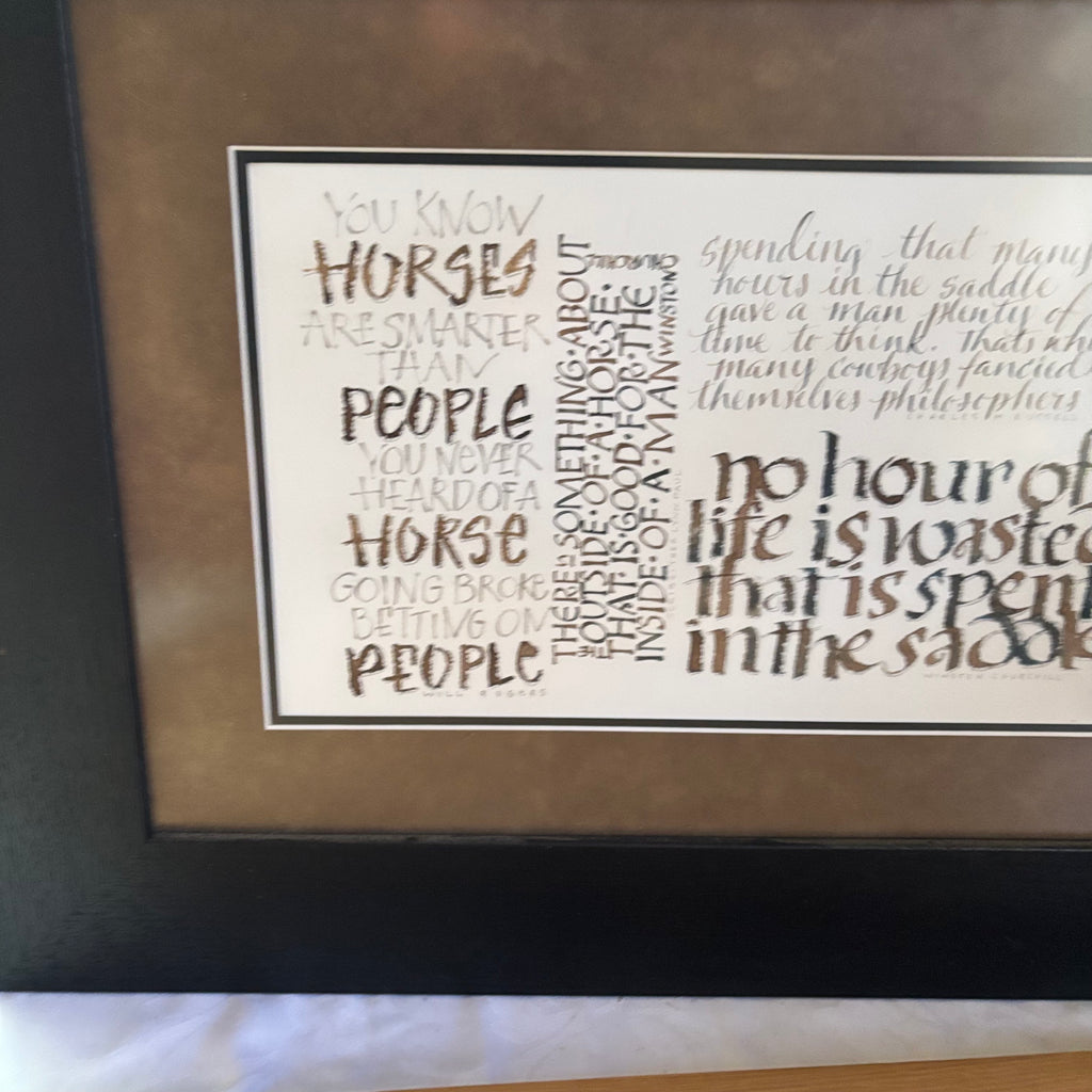E159 Framed artwork and large wooden tray