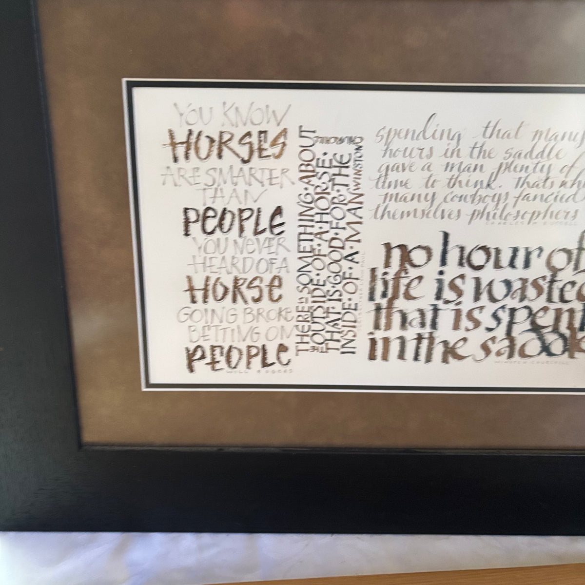 E159 Framed artwork and large wooden tray