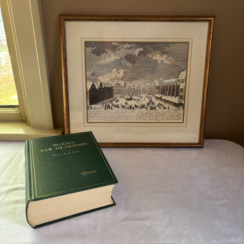 E148 Vintage law dictionary and framed wall art grouping
