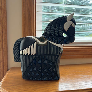 B423 Artesania Rinconada Horse Figurine 8.5" Handcrafted Ceramic Black Blue White Uruguay