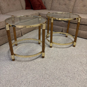 Set of 2 Vintage End Tables with Brass and Wood Frames - S552