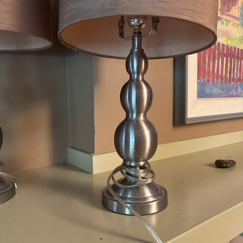 E104 Set of 2 20” tall table lamps with chrome bases and linen like shades