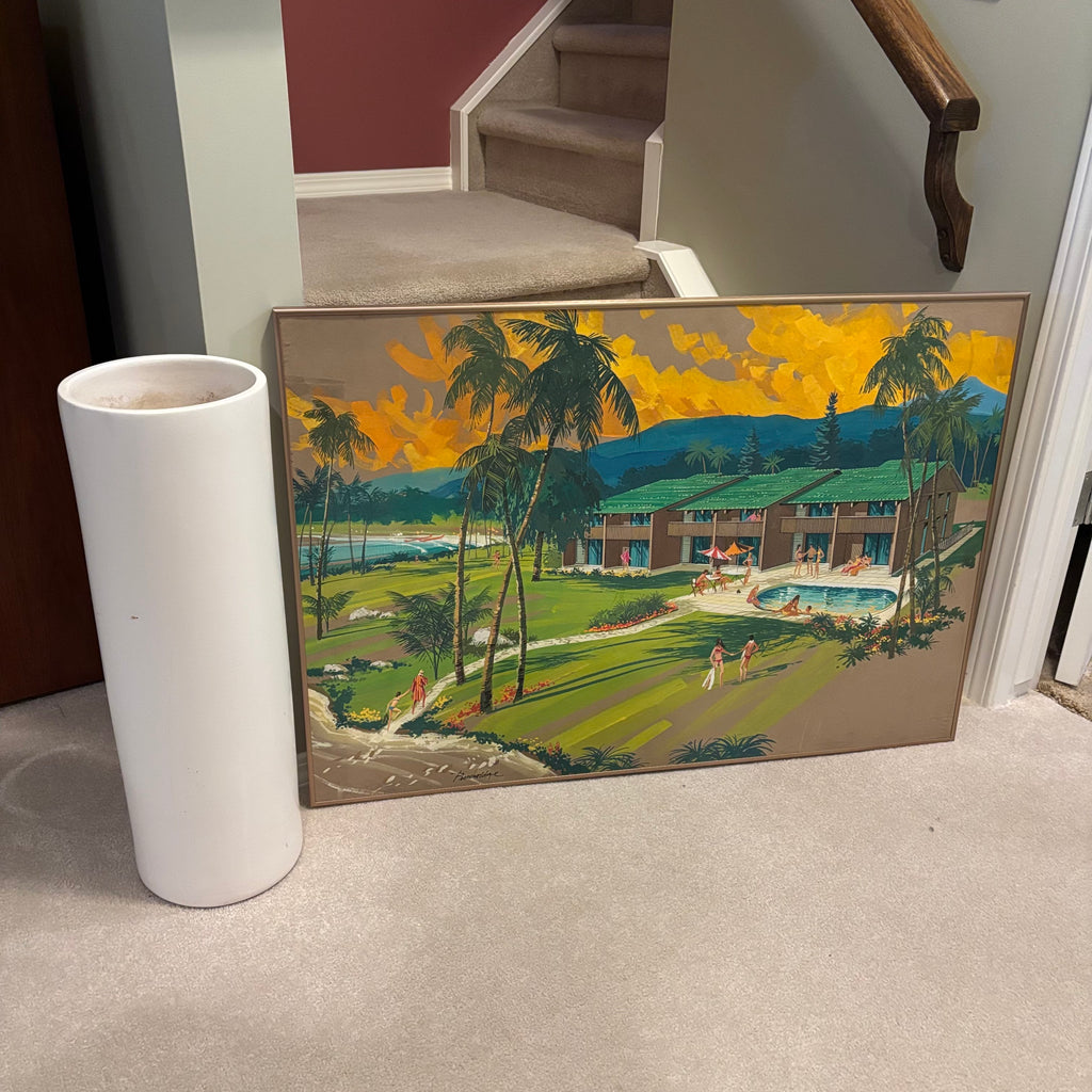 E860 Vintage grouping (tall concrete vase and artwork)