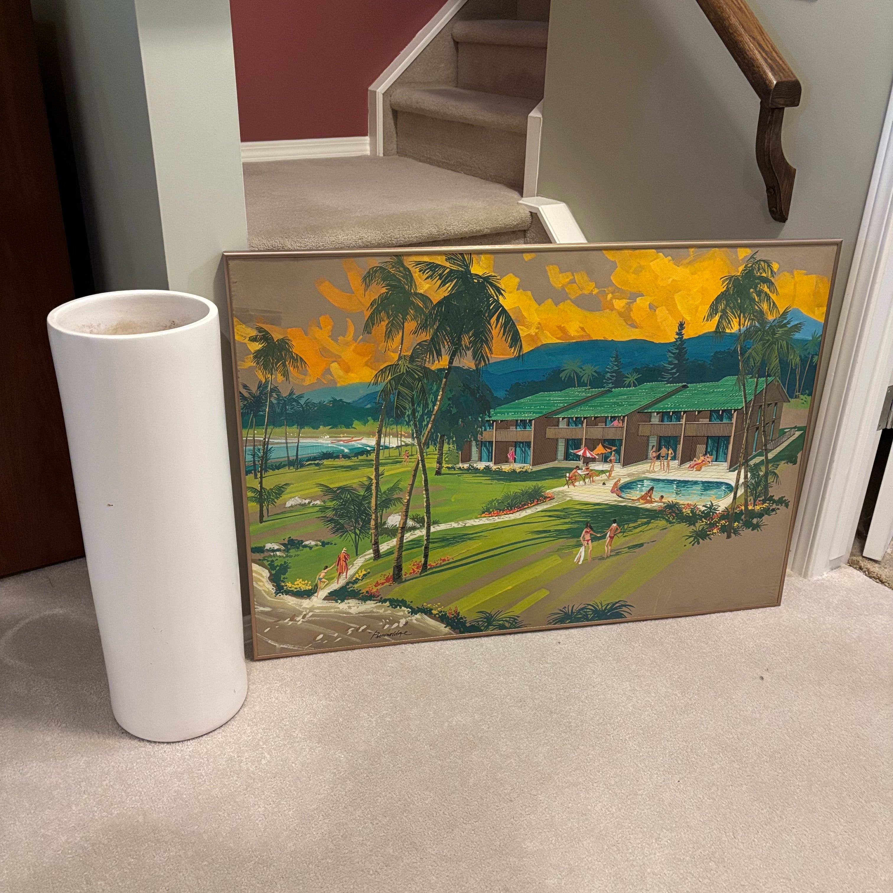 E860 Vintage grouping (tall concrete vase and artwork)