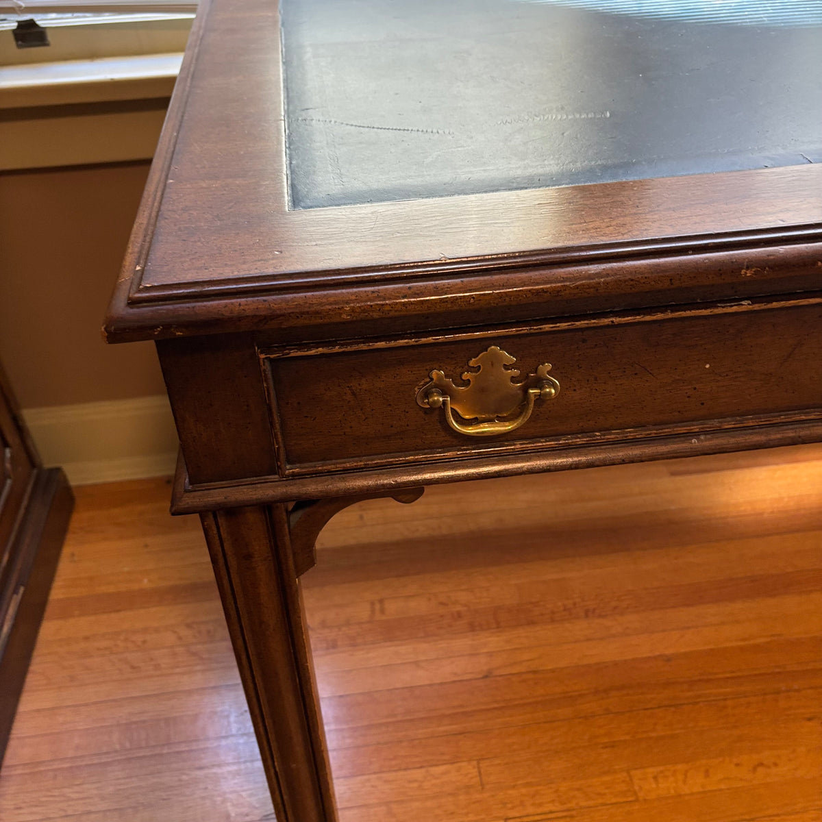 E160 Antique solid wood barrister desk with inlayed blue leather and 2 drawers (31” x 71” x 20”)