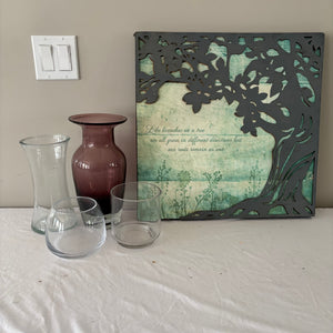 Art and decor grouping (small dent on bottom of artwork) - J494