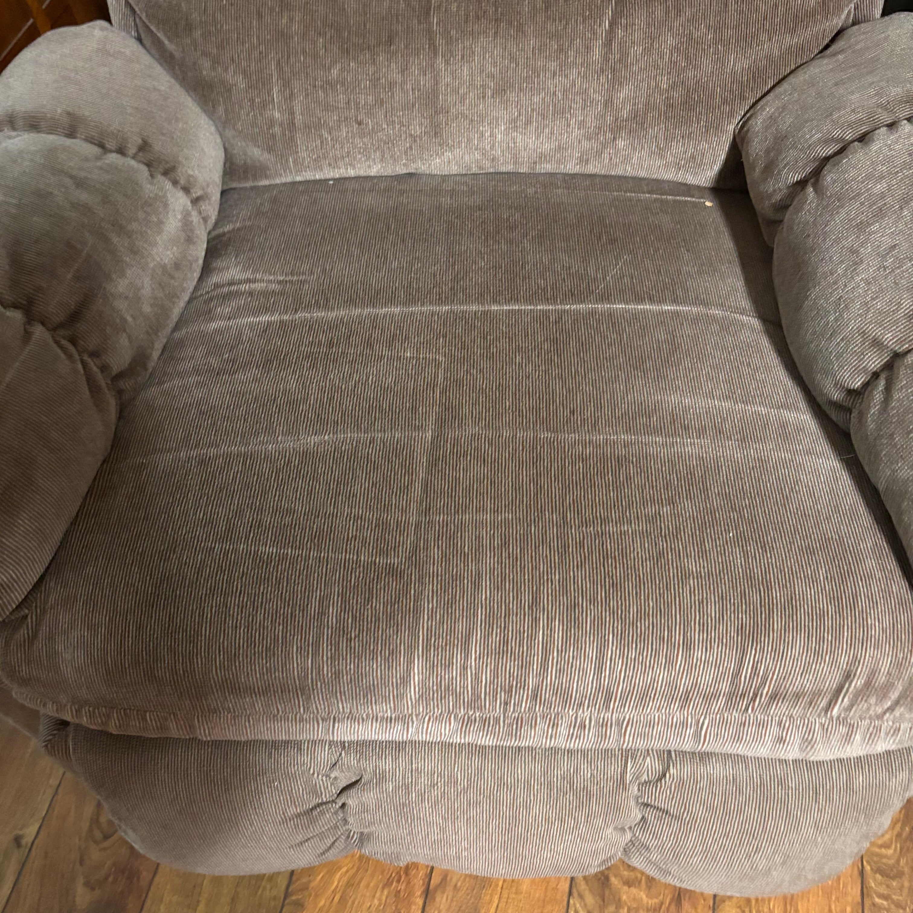 F188 Rocker recliner in beige corduroy fabric (in excellent condition except for a small tear in the corner)