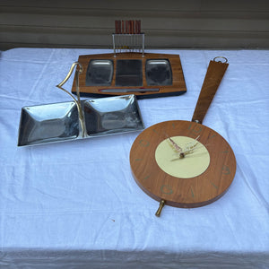 26” Long MCM Wood Framed Wall Clock and Trays Grouping - R398