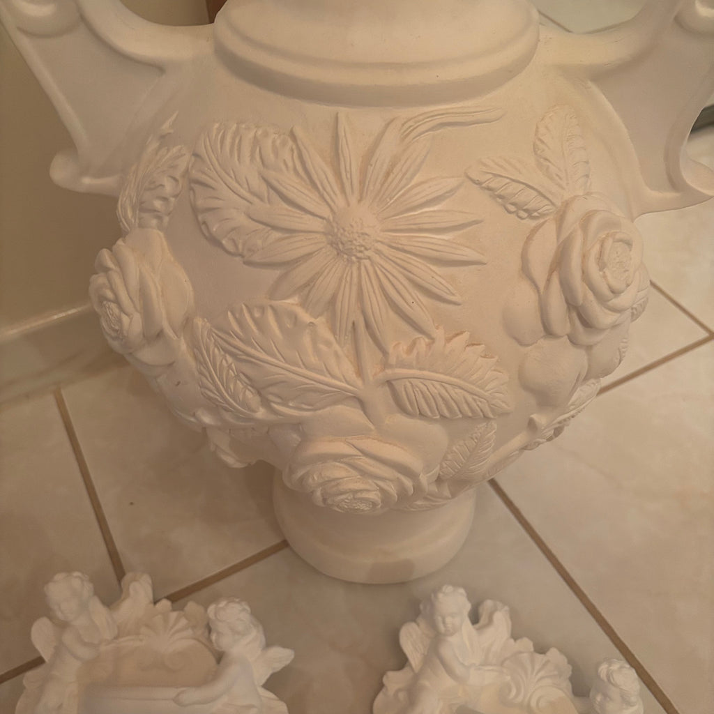 F196A 26” tall Vintage Chalkware urn style vase grouping