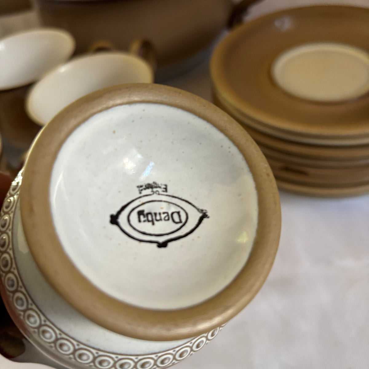 E147 Vintage Denby stoneware dishes grouping (1 saucer is chipped)