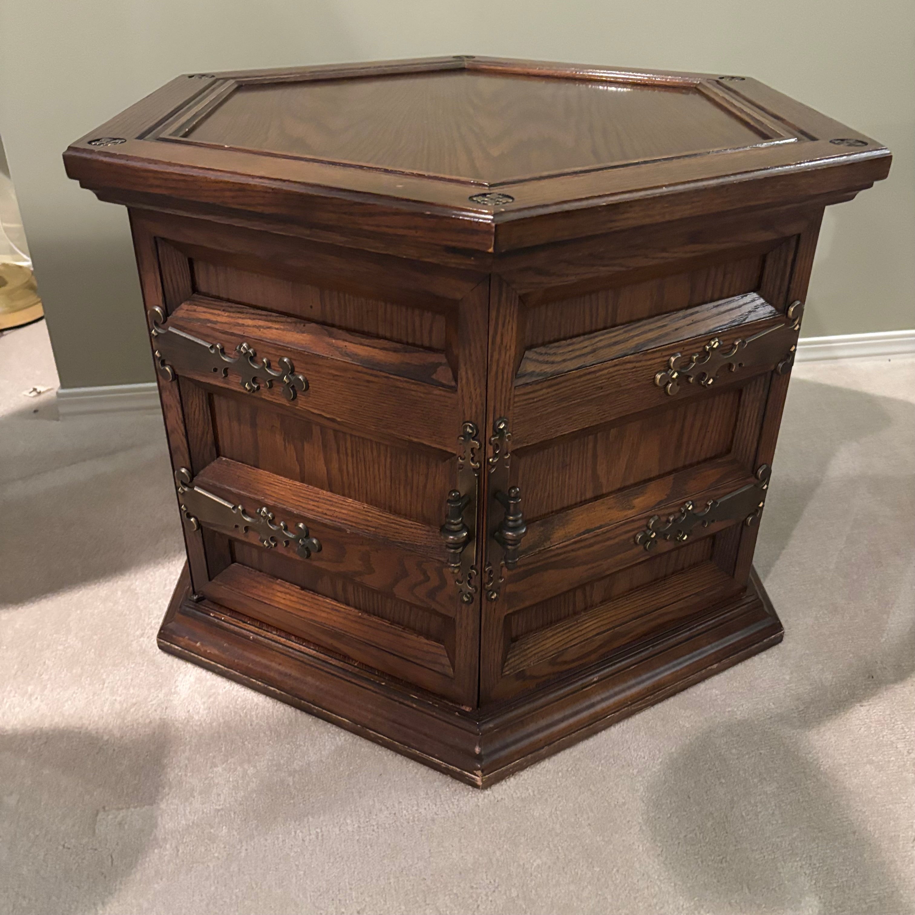 E855 Vintage solid wood octagon side table with door