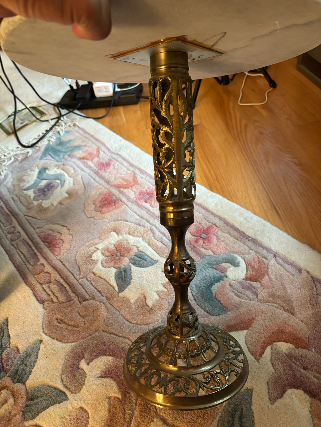 F204C 17.5” tall vintage accent table with heavy metal base and marble top