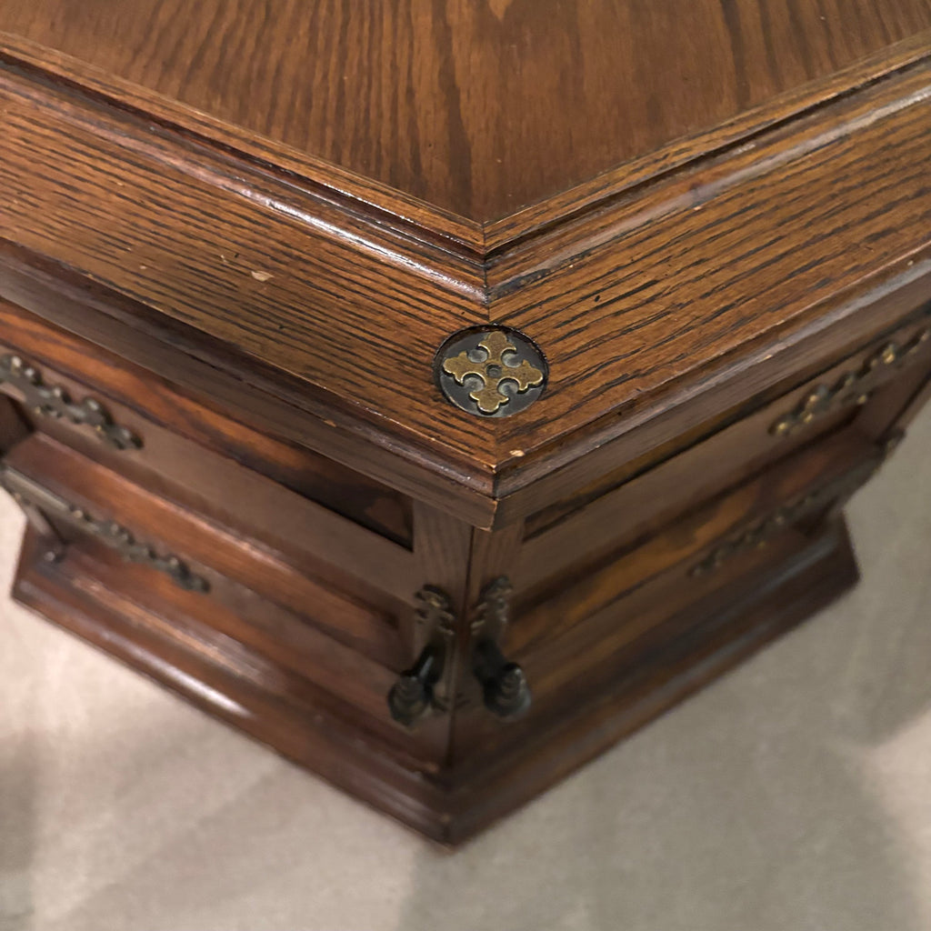 E855 Vintage solid wood octagon side table with door