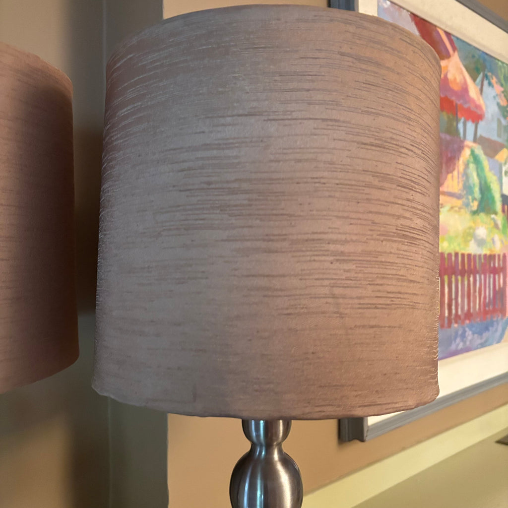 E104 Set of 2 20” tall table lamps with chrome bases and linen like shades
