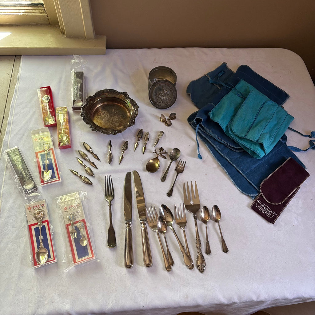 E155 Vintage silver collector spoons and more grouping