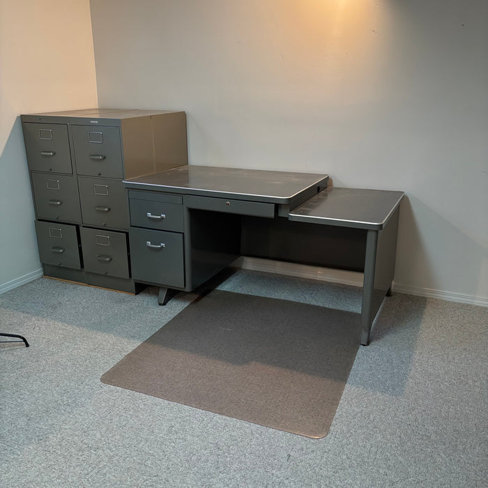 Vintage Metal Teachers Desk with 2 File Cabinets and Plastic Mat - S536