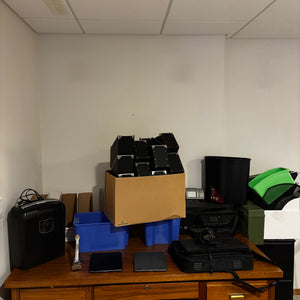 Office Supplies and Untested Electronics Grouping (desk and file cabinet not included) - Z140