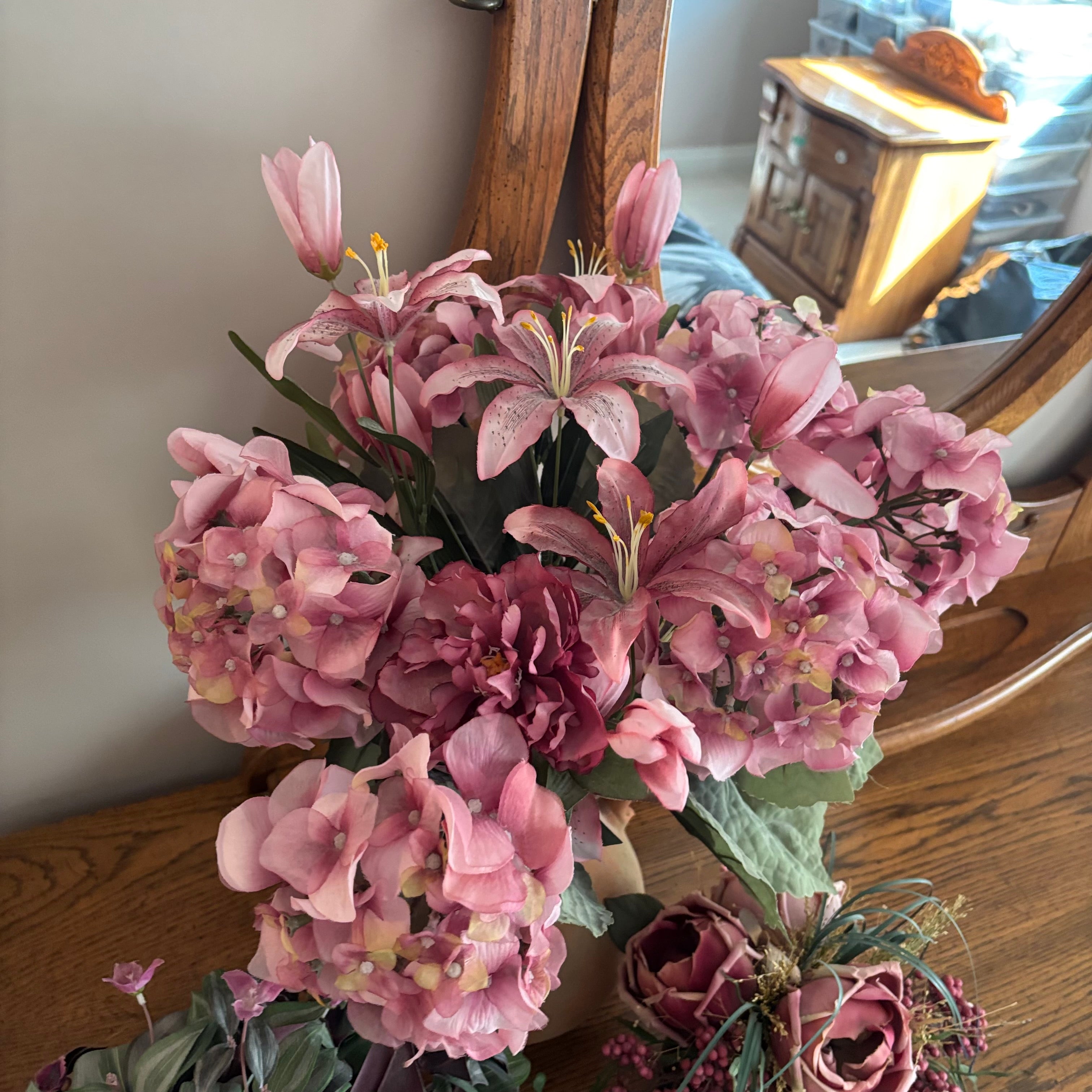 E711 Terracotta pitcher with faux flowers (16" high") and more