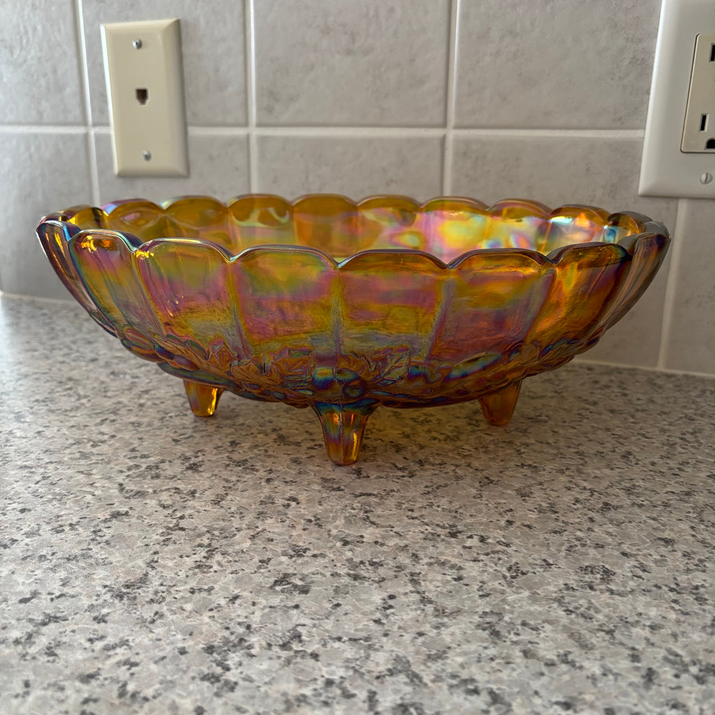 E899 Vintage Indiana Glass Large Amber Carnival Glass Footed Oval Harvest Bowl