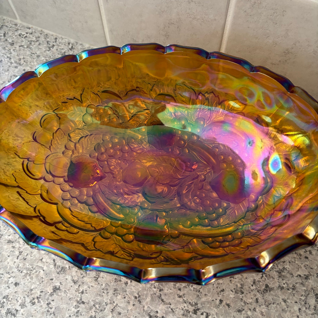 E899 Vintage Indiana Glass Large Amber Carnival Glass Footed Oval Harvest Bowl