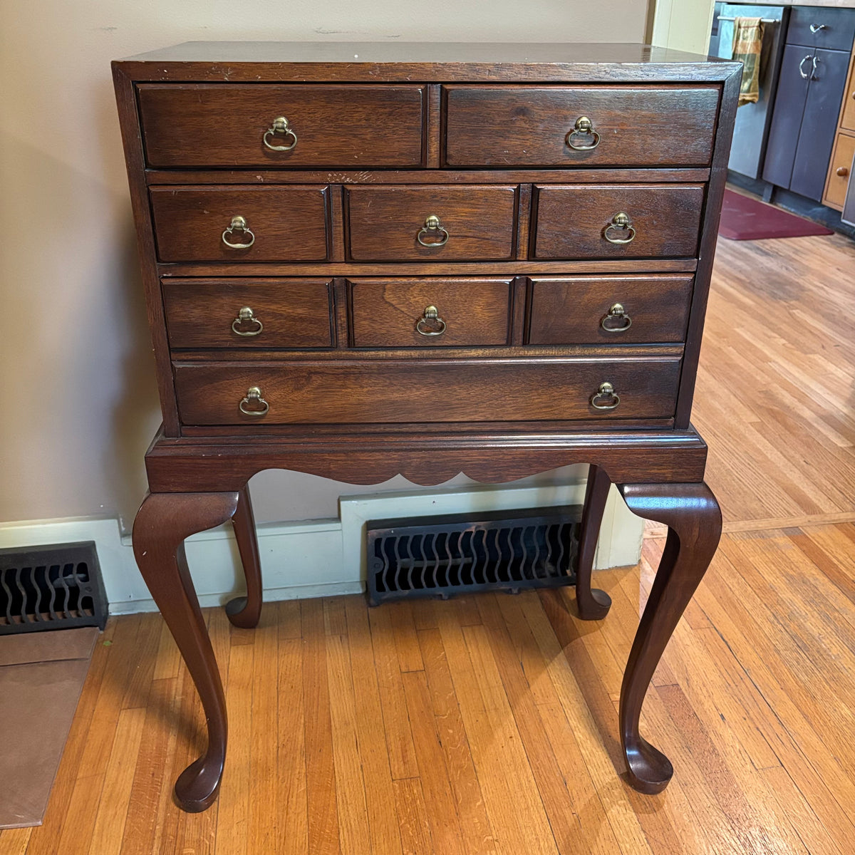 E103 Vintage Solid Wood Hickory chair company 3 drawer silverware chest (35” x 22” x 14”)